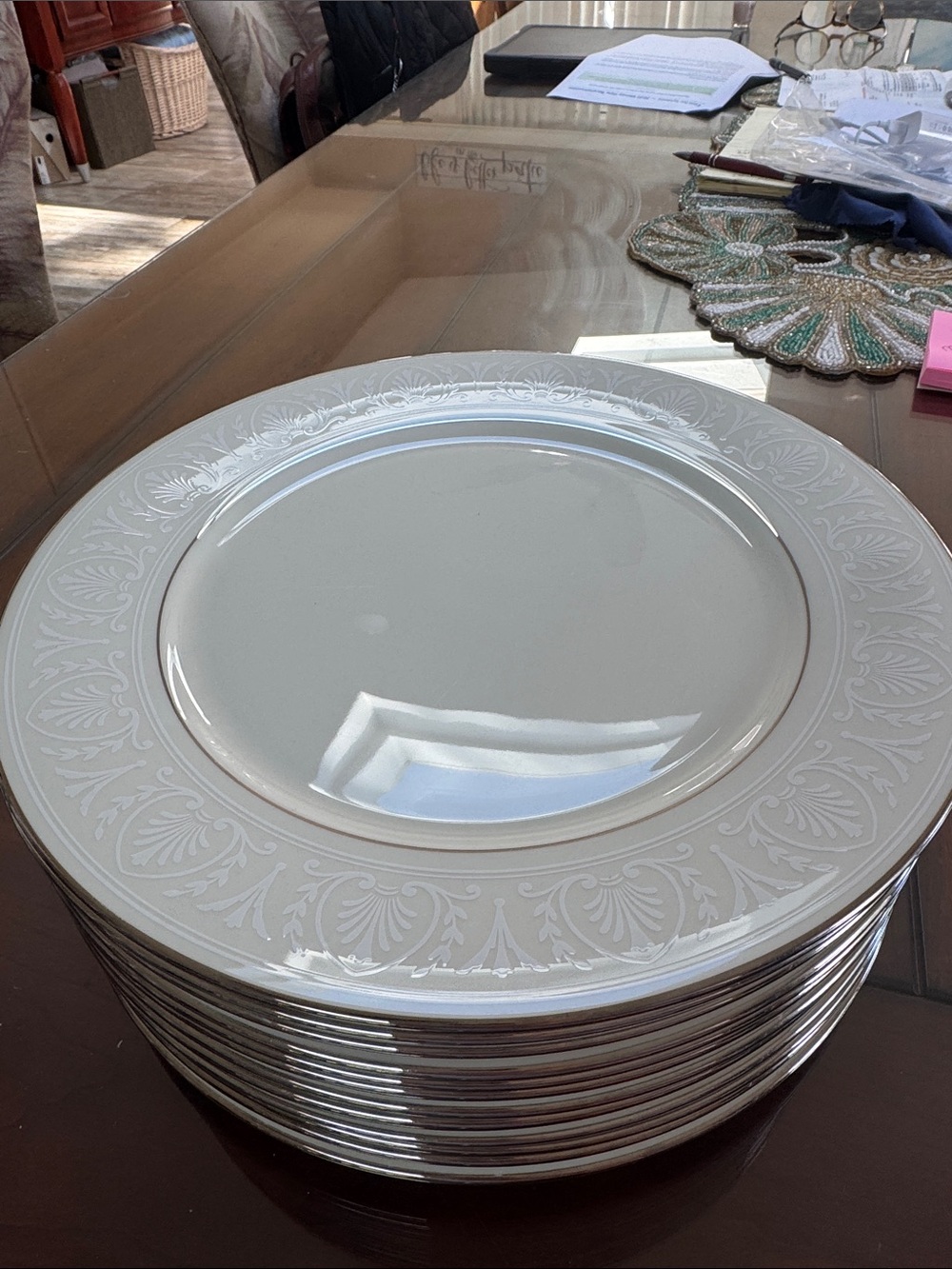 Lenox Cream Dinner Plates with Silver Trim and Embossed Rim